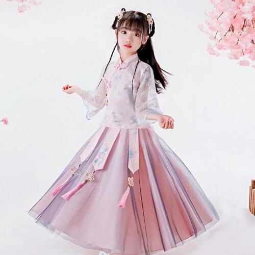 Chinese Style Children Spring Hanfu Girls Festival Skirt Princess Tang Suit Dress Embroidery Cheongsam Costume