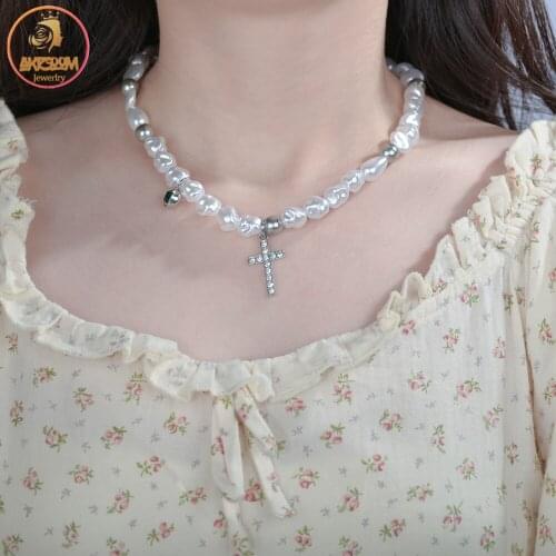 Akizoom New Ins Fashion Irregular Pearl Clavicle Chain Cross Pendant Necklace Stainless Steel for Women Jewelry Freeshipping