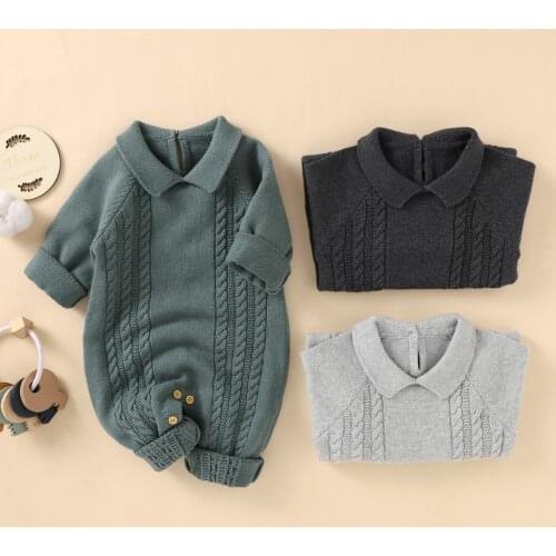 0-24M Baby Jumpsuit Solid Color Turn-Down Neck Long Sleeves Knitted Rompers with Buttons for Toddlers Girls Boys