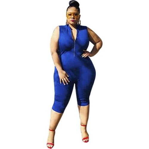 Summer New Fashion Solid Color Front Zipper Jumpsuit Plus Size Blue Jumpsuit Women Slim Fit Sexy Women Clothing Mono Mujer