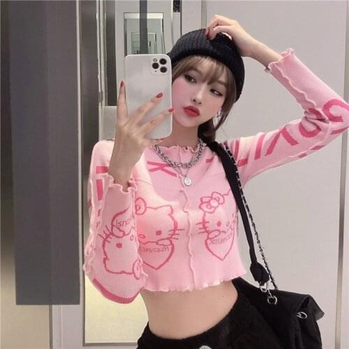 Short half high neck and long sleeves knit cardigan sweater women 2021 spring and autumn new cartoon kawaii tight sweater women