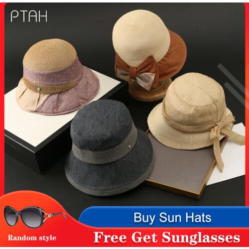 [PTAH] 2021 Summer New Womens Sun Protection Hats Straw Cloth Foldable Hats Breathable Lightweight Visors Anti-UV UPF 50+ Caps