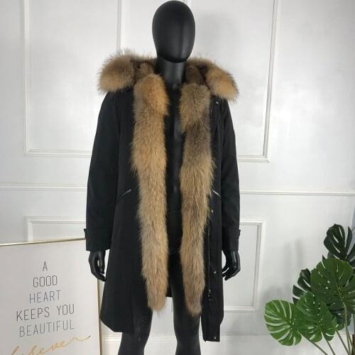 Fur Parka Jacket 2020 New Style Hood Muskrat Mink Fur Lined With Racoon Fur Collar Fashion Long Style Coat