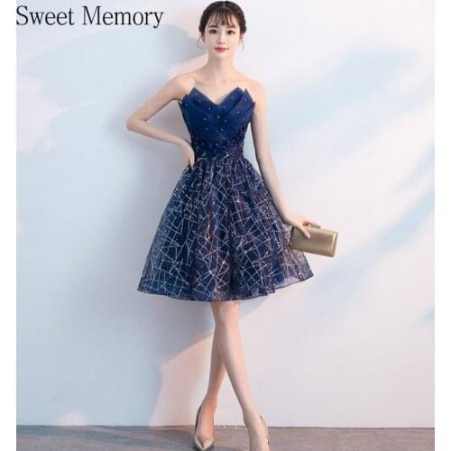 N118 Sweet Memory Navy Blue Sparkle Short Prom Dress Knee Length Formal Weddding Party Dresses