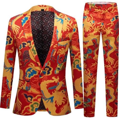 New Chinese Style Red Dragon Print Suit Men Stage Singer Wear 2 Pieces Set Slim Fit Wedding Tuxedo Costume Ball party