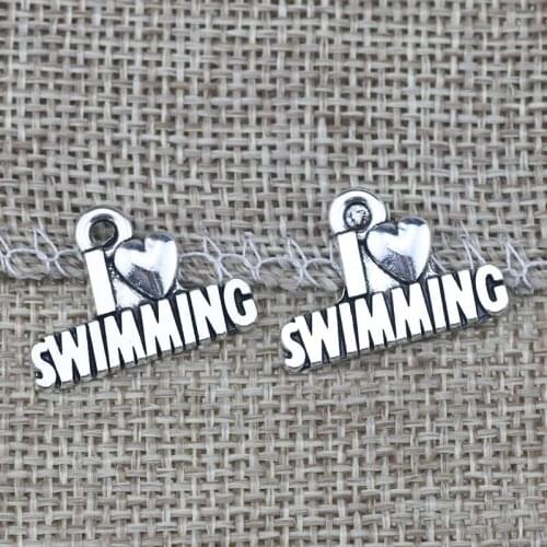 High Quality 20 Pieces/Lot 15mm*21mm Antique Silver Plated I love Swimming Message Sport Swim Charms