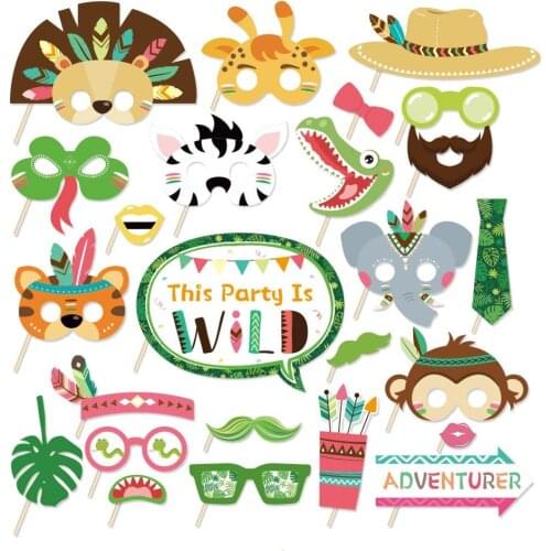 Happy Birthday Indian Wild Animals Photobooth Props Party Decorations Baby Shower DIY Cartoon Animals Kids Party Favors