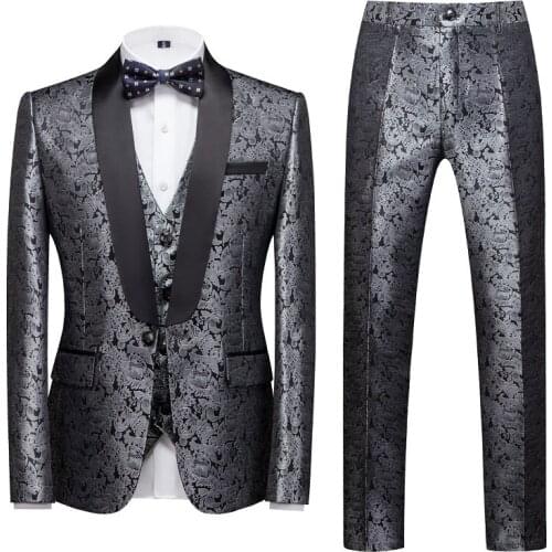 Silver Men Suits with Pants Floral Prom Dress 3 Piece Set Groom Wedding Suits for Men Tuxedo (jacket+pants+vest) 5xl
