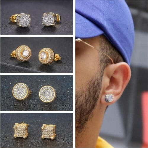 Stud Earrings For Men Women Gold Color Punk Jewelry Iced Out Zircon Rappers Hip Hop Accessories Street Culture Jewellry OHE001