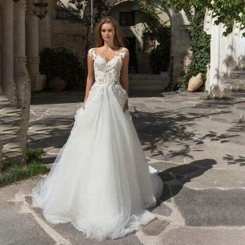 A-line Applique Lace with Crystals See Through Wedding Dress Court Train Customized Bridal Dress robe princesse mariage