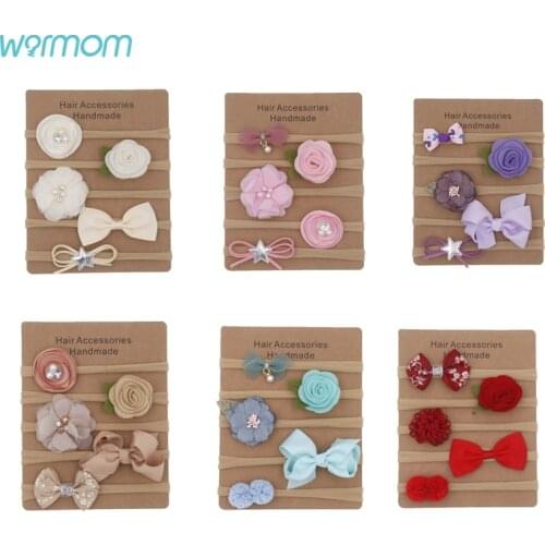 Warmom 5PCS Baby Girls Rose Flower Bowknot Headband Set Newborn Cute Elastic Princess Beauty Headdress Hair Accessory Decoration