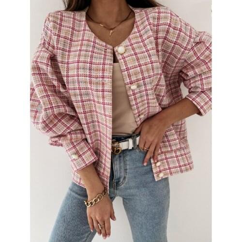 2021 Spring Elegant Plaid Coat Women Jackets Fashion Stand Collar Single-Breasted Coats Tops Ladies Casual Long Sleeve Outwear