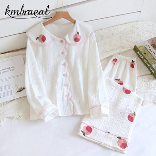Summer Autumn Womens Pajamas 100% Cotton Crepe Two-piece Short/Long-sleeved Sleepwear Sweet Strawberry Print Homewear Plus size