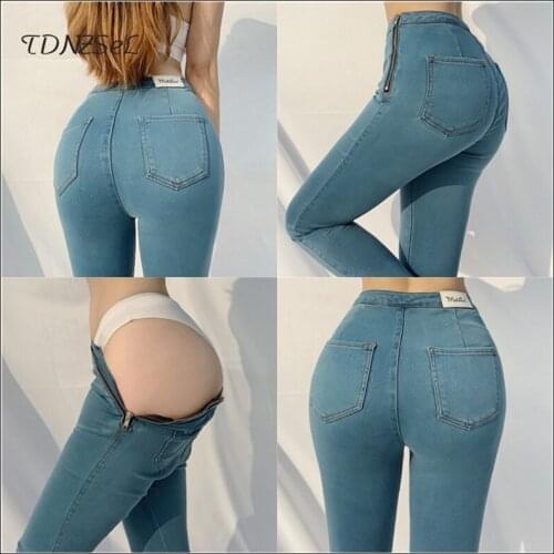 Women High Waist Jeans Stretch Hip Skinny Slim Pants Pencil Ladies Autumn Blue Retro Washed Denim Pants Side Zipper Streetwear