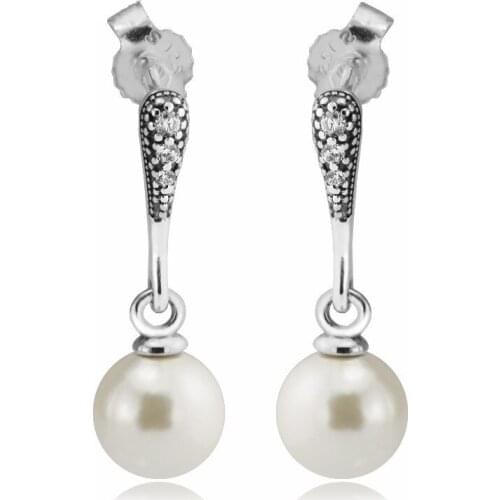 Elegant Beauty White Pearl Drop Earrings Paved Zircon 100% 925 Sterling Silver Earrings for Women Jewelry Long Dangle Earrings