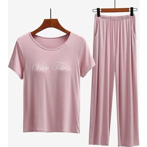 Female modal short-sleeved trousers suit with chest pad loose plus size home service spring and summer two-piece pajamas can be
