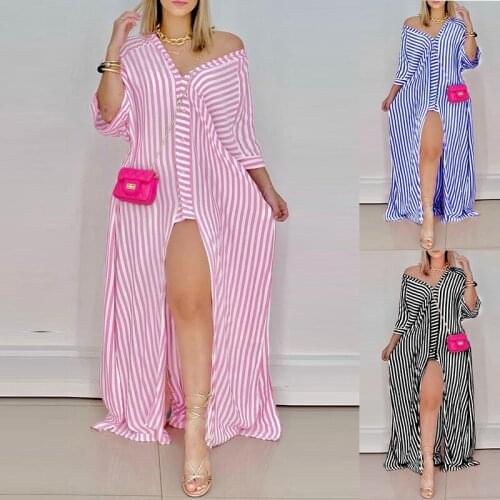 New Striped Button Design Three Quarter Length Sleeve High Slit Maxi Dress Summer Casual Womens Dresses 2021 Elegant Overalls