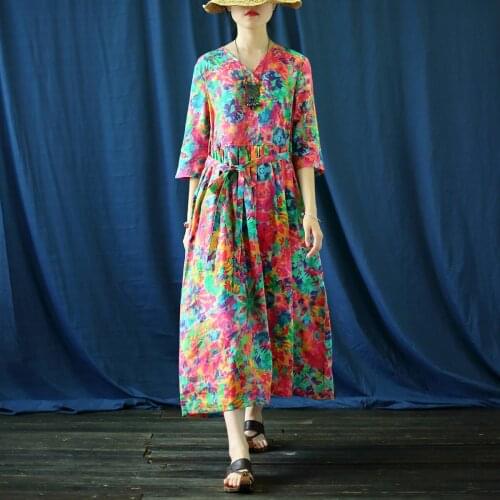 Johnature Summer Dress Belt Women V-Neck Seven Sleeve Print Floral 2021 Vintage Loose Female Ramie High Quality Bandage Dresses
