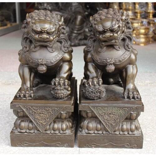 18" Chinese Pure Bronze Guardian Foo Fu Dog Phylactery Door Lion Flower Pair