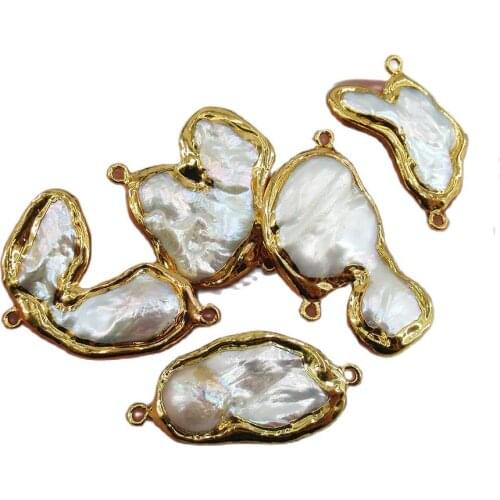 APDGG 5PC Cultured White Baroque Keshi Pearl Pendant Gold Plated Beads Bezel Connector Jewelry Making DIY