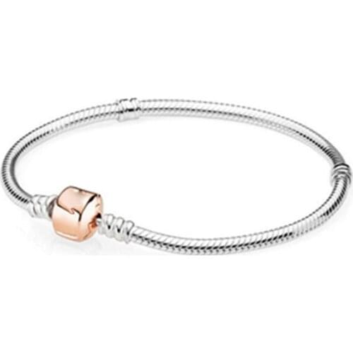 Authentic 925 Sterling Silver Pan Bracelet New Rose Gold Classic Clasp Snake Bone Bracelet Fit Charm Women Jewelry