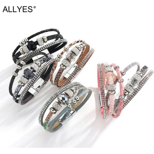 ALLYES Shiny Crystal Beads Charm Multilayers Leather Bracelets for Women Rhinestone Wrap Bracelet Statement Female Jewelry Gifts