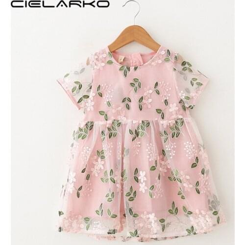 Cielarko Girls Dress Princess Party Dresses Flower Leaf Embroidery Clothing Pink Fashion Kids Outfit Girls Fancy Frocks Summer