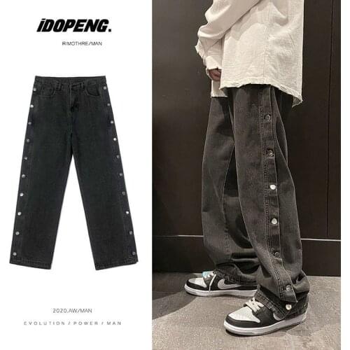 Spring summer high street breasted jeans men women vintage street straight pants Korean trend hip hop wide-legged daddy pants