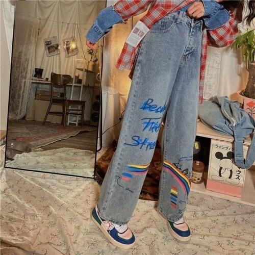 Blue Rainbow Jeans Women Streetwear Straight Jeans Female Cotton Cargo Pants Streetwear Loose Summer Harajuku Oversized Jeans