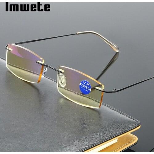 Imwete Blue Ray Reading Glasses Fashion Rimless Presbyopia Eyewear Ladies Retro Eyeglasses +1.0+1.5+2.0+2.5+3.0+3.5+4.0