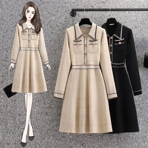 JSXDHK Autumn Winter Long Sweater Dress Fashion 2021 Women Turn Down Collar Knitted Long Sleeve Pearl Button Office OL Dresses