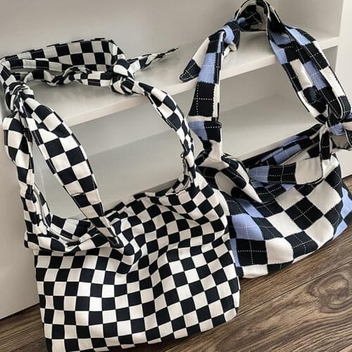 Retro Checkerboard Plaid Womens Shoulder Bag Large Capacity Girl Student School Messenger Bags Canvas Tote Handbags Shopper Bag