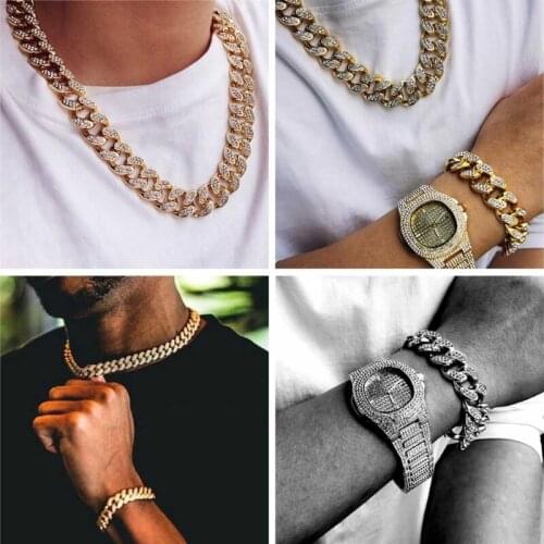 3Pcs Cool Rappers Luxury Mens Watch Shiny Cuban Bracelet Necklace Jewelry Set