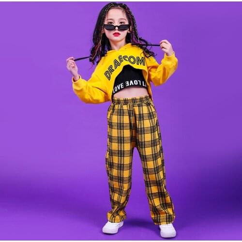 Girls Jazz Hip Hop Costume Hooded Crop Tops Yellow Plaid Pants Sets Modern Street Dance Performance Costume Stage Show Dancewear