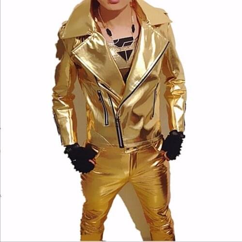 Xs-3xl Mens New Hairstylist Slim Gold Silver Motorcycle Leather Jacket Ds Singer Dj Nightclub Singer Performance Stage Costume