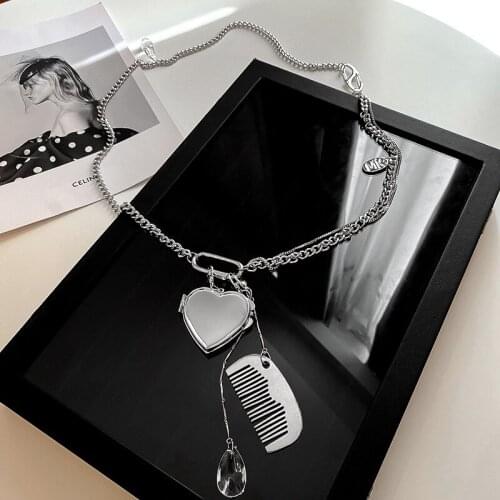 2021 New Fashion Comb Mirror Pendant Long Body Necklace Alloy Chain Heart Korean Necklaces Women
