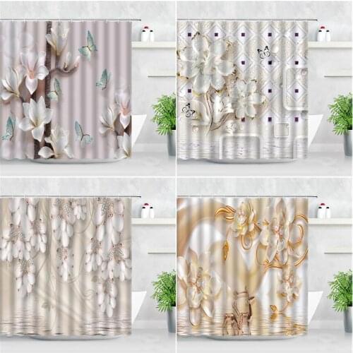 3D Relief Magnolia Flower Shower Curtains Butterfly Diamond Deer Floral Printing Modern Simple Home Bathroom Decor Hooks Curtain