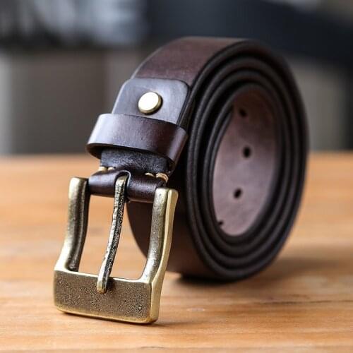 Luxury Brass Buckle Belt Mens Handmade Vintage Thick Genuine Leather Jeans Belt Strap High Quality Ceinture Homme 3.8cm Cowskin
