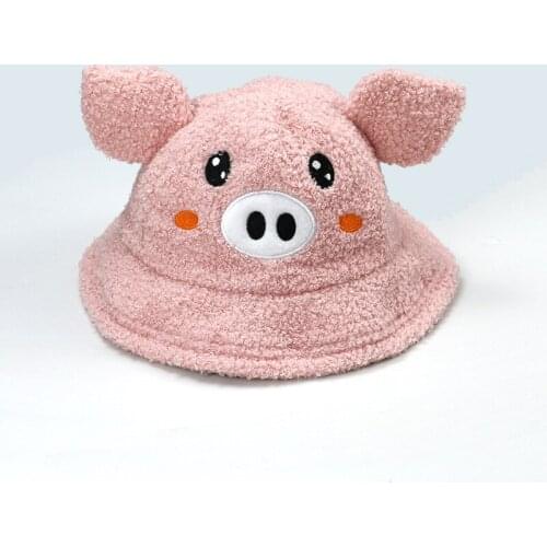Fluffy Bukcet Hat Winter Kids Girl Boy Autumn Warm Animal Pig Fleece Wide Brim String Skiing Outdoor Accessory For Teenagers