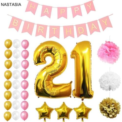 21st Happy Birthday Party Balloons, 32 Pc Set - Large 21 Years Foil Balloon 12" Gold, White and Pink Latex Balloon Decoration