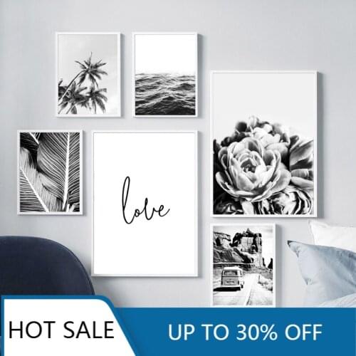 Nordic Travel Landcape Canvas Painting Posters Tropical Palm Flower Bus Ocean Minimalist Black White Aesthetic Home Decoration