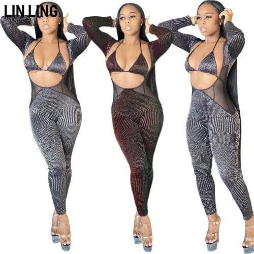 LINLING Sexy Slim Long Sleeve Bead Piece Perspective High Waist Deep V One-piece Suit + Neck Sling Hot Nightwear