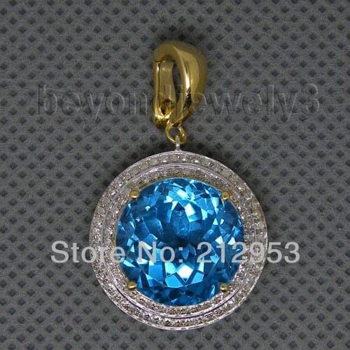 Vintage Round 14mm Blue Topaz Pendants 18Kt Yellow Gold Natural Gemstone Pendant For Sale ER002