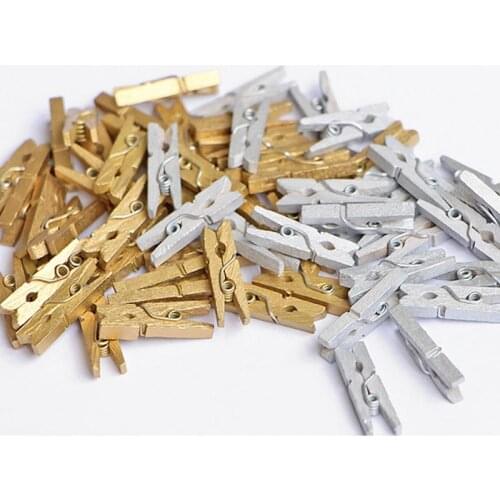 100pcs/lot Mini golden silver Wood Clips 2.5x0.3CM Spring Wood Clips for DTY Clothespin Craft Decor snack Clip Photo Clips Pegs