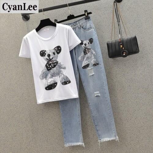 Plus Size 2 Piece Set Women 2020 Summer New Cartoon Short Sleeve Cotton T Shirt & Hole Jeans Sets Denim Suit 2 Pcs Women Sets