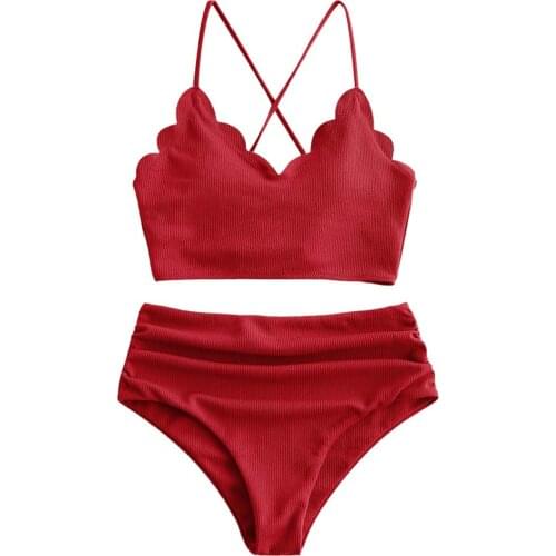 2021 Scalloped Crisscross Bathing Suit High Waist Black Women Solid Color Adjustable Back Strap Two-piece Bikini Set Bathers