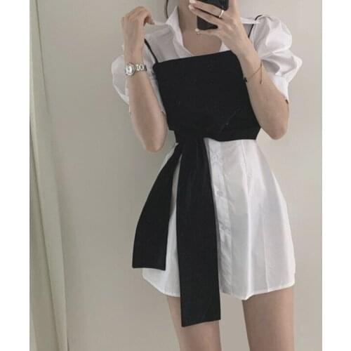 Bella Philosophy Wonder 2021 Korea Chic Two Wear Bowknot Wrapped Chest Strap Female Long Short Puff Sleeve Shirt Dress 2 Pcs Set