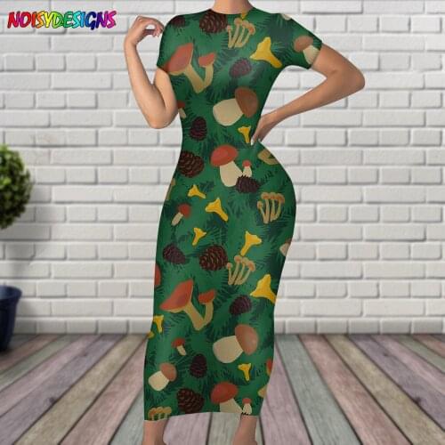 NOISYDESIGNS Summer Mushroom Fungus Printed Green Dress For Women Short Sleeve O-Neck Dresses For Women Elegant Sukienki Damskie