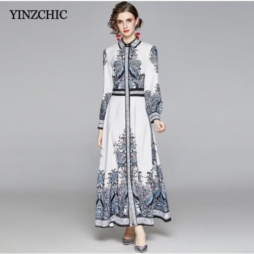 Spring New Vintage Dress for Woman Turn-down Collar Ladies Elegant Maxi Party Skirt White Print Open-stitch Dresses Casual