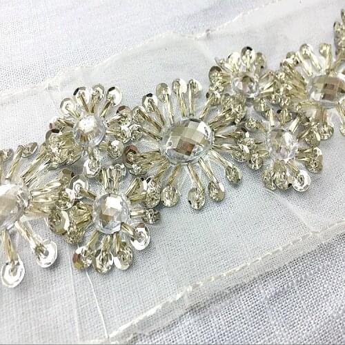 2yards Beaded Sequin Embroidery Rhinestone Mesh Lace Ribbon Fabric For DIY Sewing Clothes Wedding Dress Collar Lace Applique